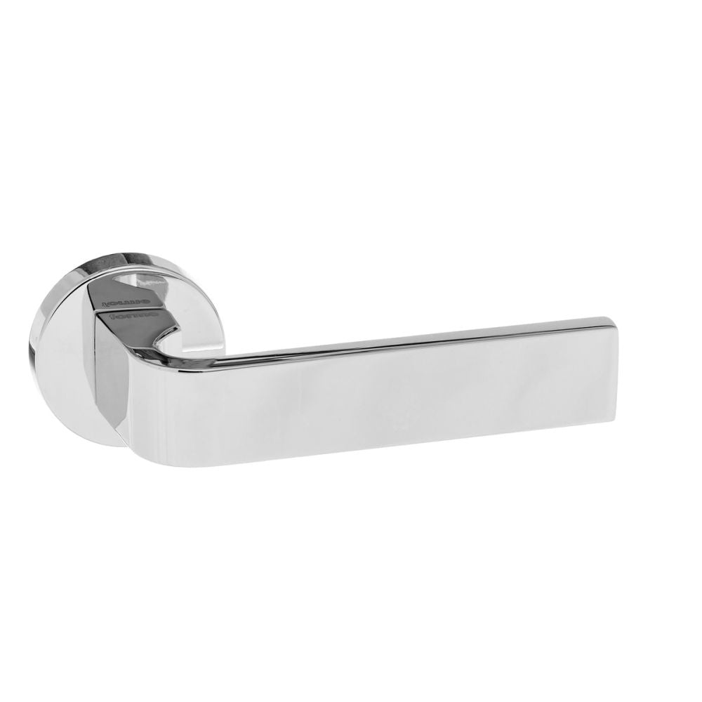 This is an image of Forme Monza Designer Lever on Minimal Round Rose - Polished Chrome available to order from T.H Wiggans Architectural Ironmongery in Kendal, quick delivery and discounted prices.