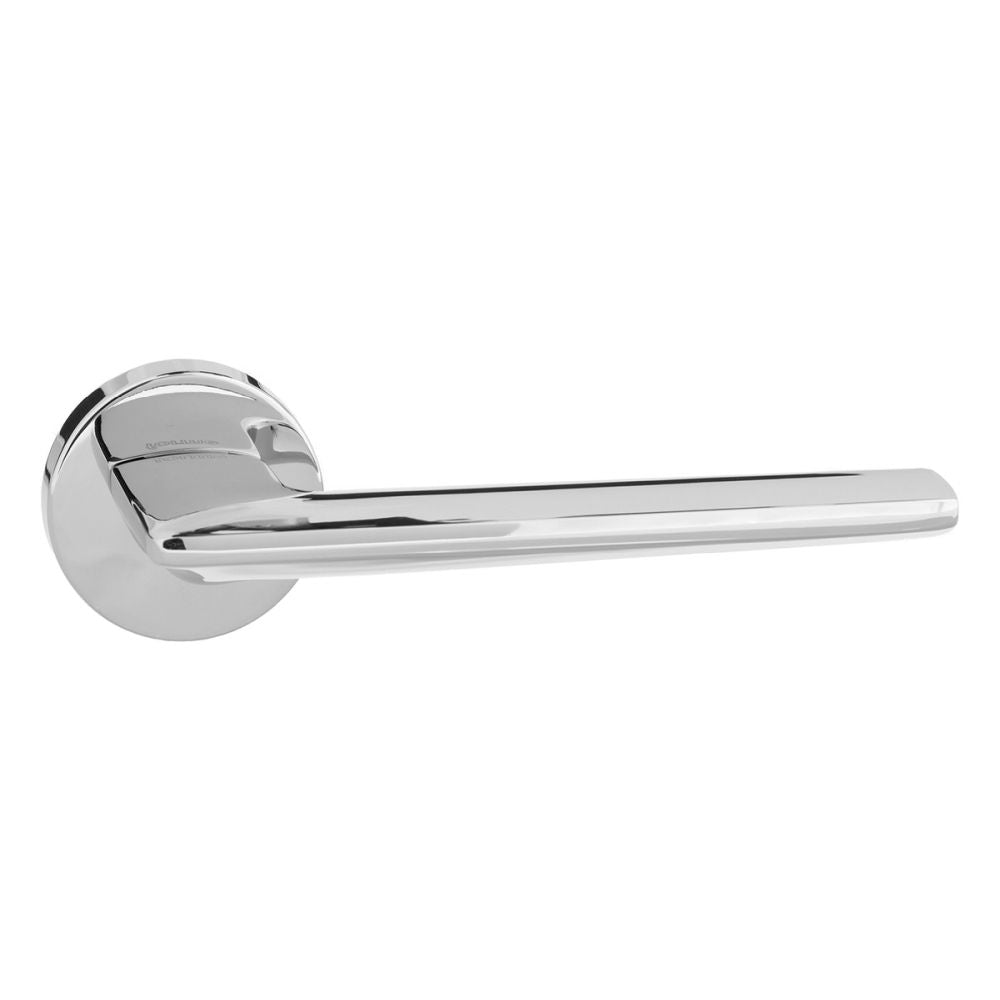 This is an image of Forme Boston Designer Lever on Minimal Round Rose - Polished Chrome available to order from T.H Wiggans Architectural Ironmongery in Kendal, quick delivery and discounted prices.