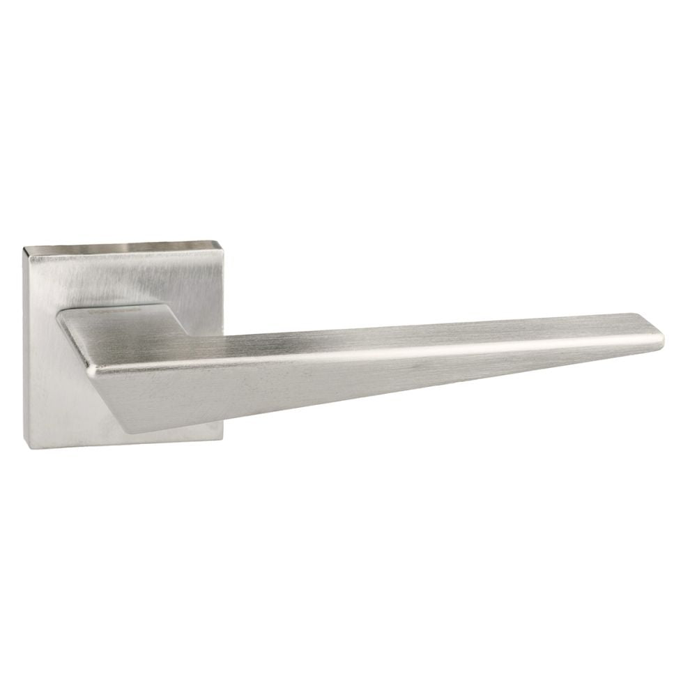 This is an image of Forme Naxos Designer Lever on Minimal Square Rose - Satin Chrome available to order from T.H Wiggans Architectural Ironmongery in Kendal, quick delivery and discounted prices.