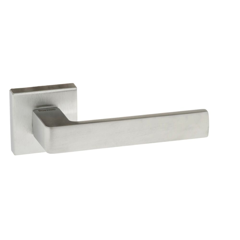 This is an image of Forme Asti Designer Lever on Minimal Square Rose - Satin Chrome available to order from T.H Wiggans Architectural Ironmongery in Kendal, quick delivery and discounted prices.