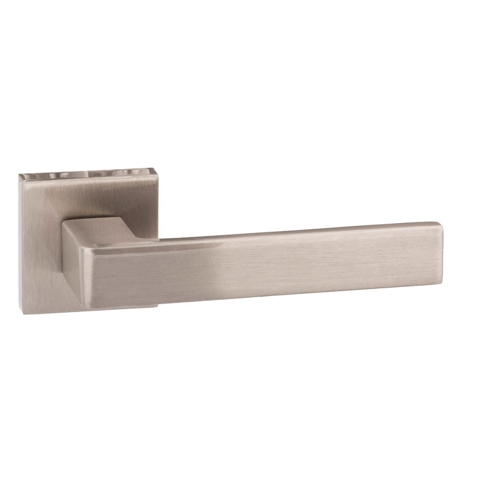 This is an image of Forme Asti Designer Lever on Minimal Square Rose - Satin Nickel available to order from T.H Wiggans Architectural Ironmongery in Kendal, quick delivery and discounted prices.