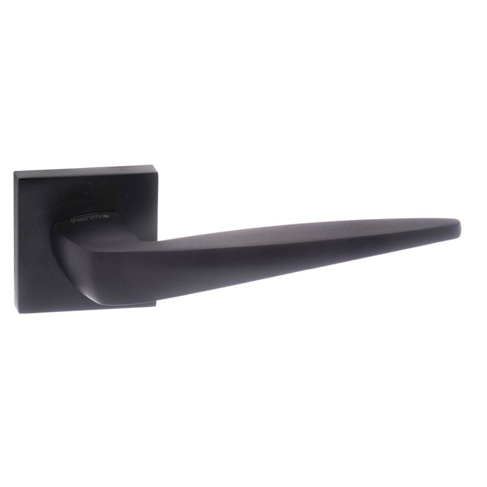 This is an image of Forme Foglia Designer Lever on Minimal Square Rose - Matt Black available to order from T.H Wiggans Architectural Ironmongery in Kendal, quick delivery and discounted prices.