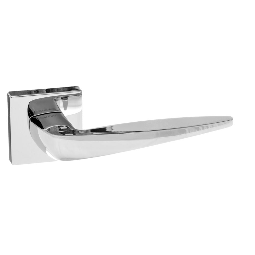 This is an image of Forme Foglia Designer Lever on Minimal Square Rose - Polished Chrome available to order from T.H Wiggans Architectural Ironmongery in Kendal, quick delivery and discounted prices.