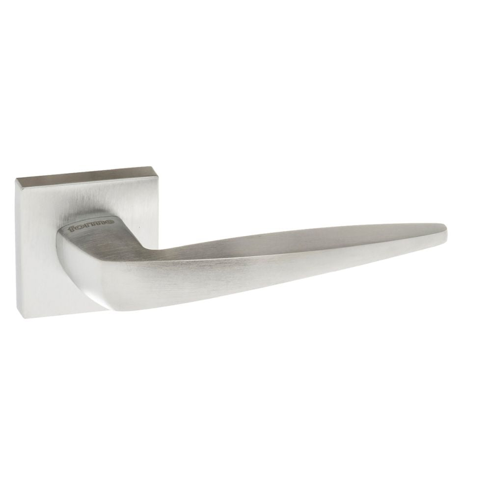 This is an image of Forme Foglia Designer Lever on Minimal Square Rose - Satin Chrome available to order from T.H Wiggans Architectural Ironmongery in Kendal, quick delivery and discounted prices.