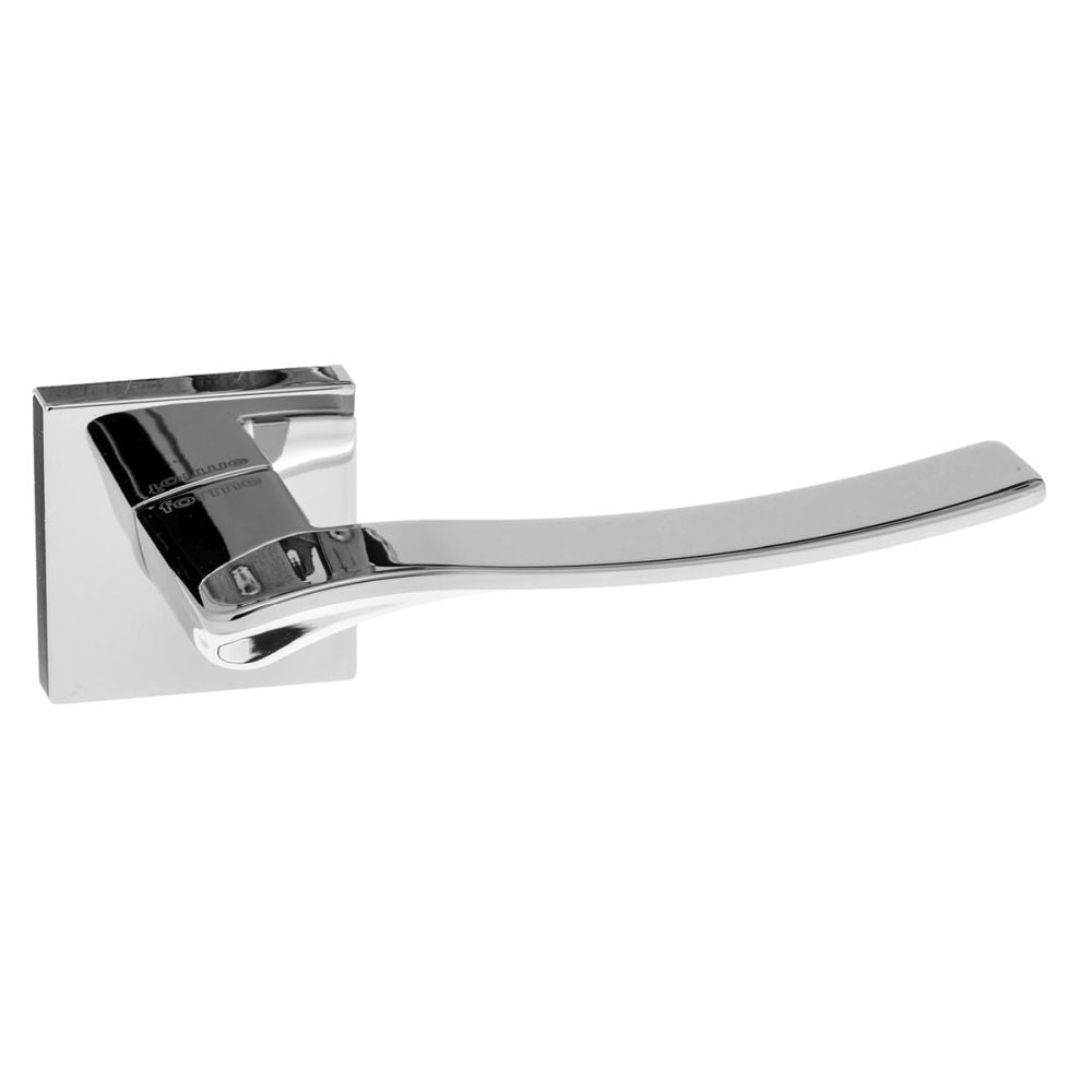 This is an image of Forme Olimpia Designer Lever on Minimal Square Rose - Polished Chrome available to order from T.H Wiggans Architectural Ironmongery in Kendal, quick delivery and discounted prices.