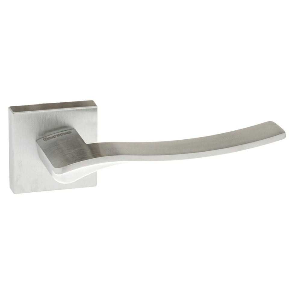 This is an image of Forme Olimpia Designer Lever on Minimal Square Rose - Satin Chrome available to order from T.H Wiggans Architectural Ironmongery in Kendal, quick delivery and discounted prices.