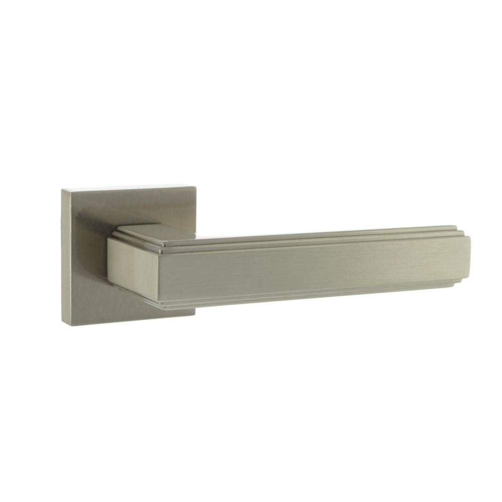 This is an image of Forme Alila Designer Lever on Minimal Square Rose - Satin Nickel available to order from T.H Wiggans Architectural Ironmongery in Kendal, quick delivery and discounted prices.