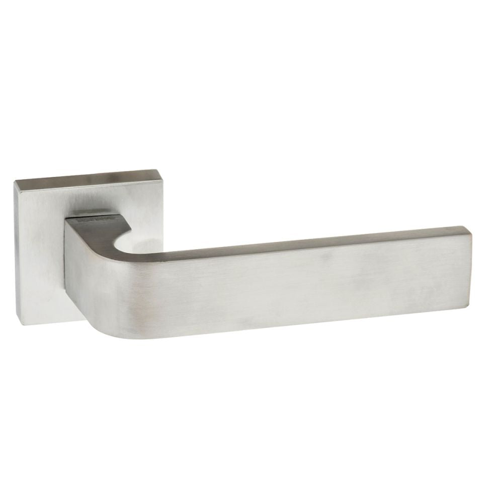 This is an image of Forme Monza Designer Lever on Minimal Square Rose - Satin Chrome available to order from T.H Wiggans Architectural Ironmongery in Kendal, quick delivery and discounted prices.