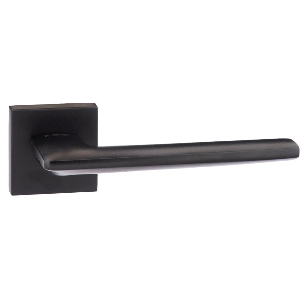 This is an image of Forme Boston Designer Lever on Minimal Square Rose - Matt Black available to order from T.H Wiggans Architectural Ironmongery in Kendal, quick delivery and discounted prices.