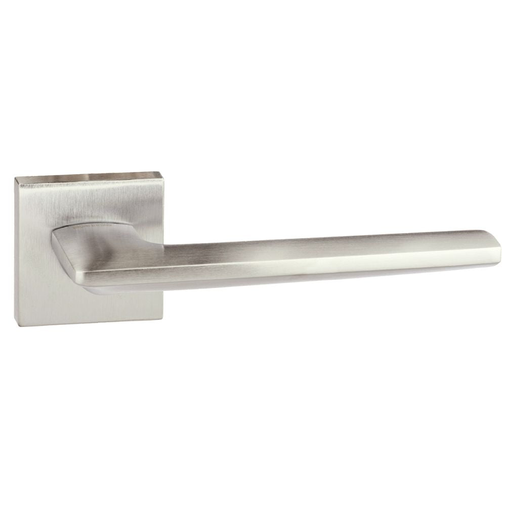 This is an image of Forme Boston Designer Lever on Minimal Square Rose - Satin Chrome available to order from T.H Wiggans Architectural Ironmongery in Kendal, quick delivery and discounted prices.