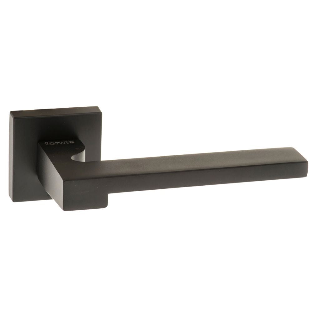 This is an image of Forme Ginevra Designer Lever on Minimal Square Rose - Matt Black available to order from T.H Wiggans Architectural Ironmongery in Kendal, quick delivery and discounted prices.