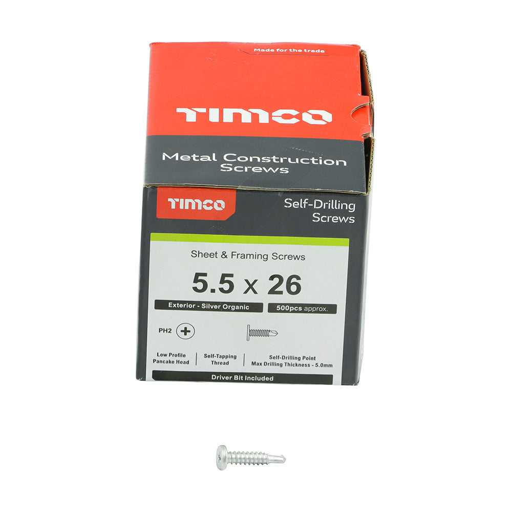This is an image showing TIMCO Metal Construction Sheet & Framing Screws - PH - Low Profile Pancake - Exterior - Silver Organic - 5.5 x 26 - 500 Pieces Box available from T.H Wiggans Ironmongery in Kendal, quick delivery at discounted prices.