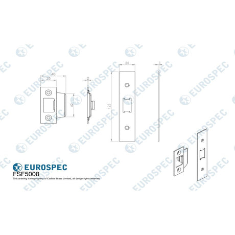 This image is a line drwaing of a Eurospec - Forend Strike & Fixing Pack To Suit Flat Latch FLL5030-PVD-Square For available to order from T.H Wiggans Architectural Ironmongery in Kendal