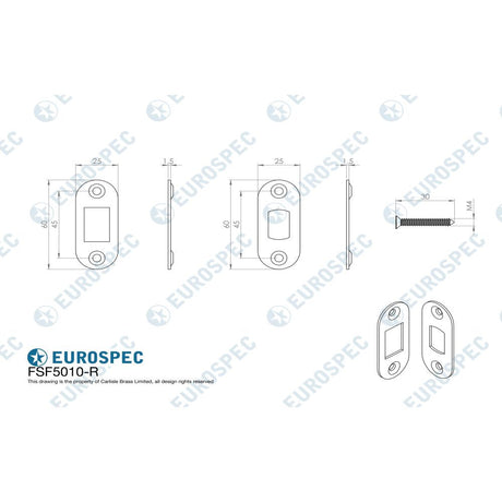This image is a line drwaing of a Eurospec - Forend Strike & Fixing Pack To Suit Heavy Duty Tubular Deadbolt-Brigh available to order from T.H Wiggans Architectural Ironmongery in Kendal