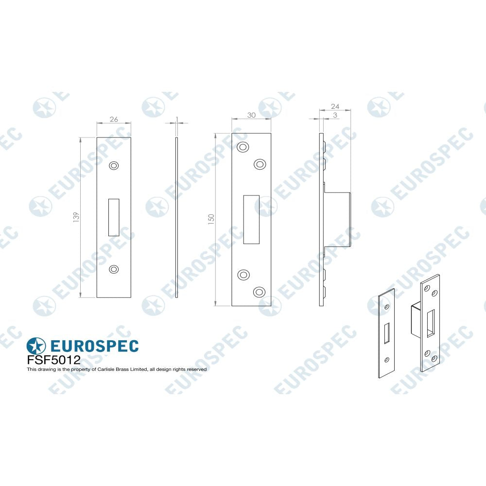 This image is a line drwaing of a Eurospec - Easi T Forend Strikes & Fixing Pack To Suit BS 5 Lever Deadlock-Brigh available to order from T.H Wiggans Architectural Ironmongery in Kendal
