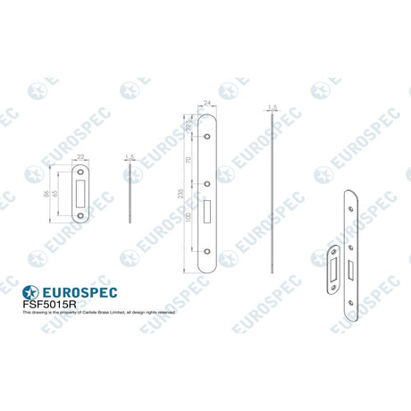This image is a line drwaing of a Eurospec - Forend Strike & Fixing Pack To Suit Din Euro Deadlock-Satin Stainless available to order from T.H Wiggans Architectural Ironmongery in Kendal