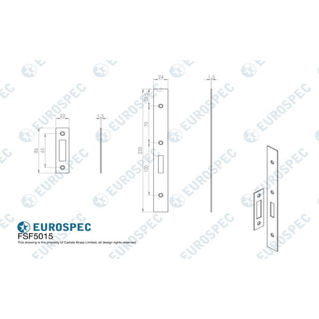 This image is a line drwaing of a Eurospec - Forend Strike & Fixing Pack To Suit Din Euro Deadlock-Bright Stainles available to order from T.H Wiggans Architectural Ironmongery in Kendal