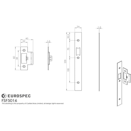 This image is a line drwaing of a Eurospec - Forend Strike & Fixing Pack To Suit Din Latch-PVD-Square Forend available to order from T.H Wiggans Architectural Ironmongery in Kendal