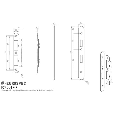 This image is a line drwaing of a Eurospec - Forend Strike & Fixing Pack To Suit Din Euro Sash/Bathroom Lock-Satin available to order from T.H Wiggans Architectural Ironmongery in Kendal