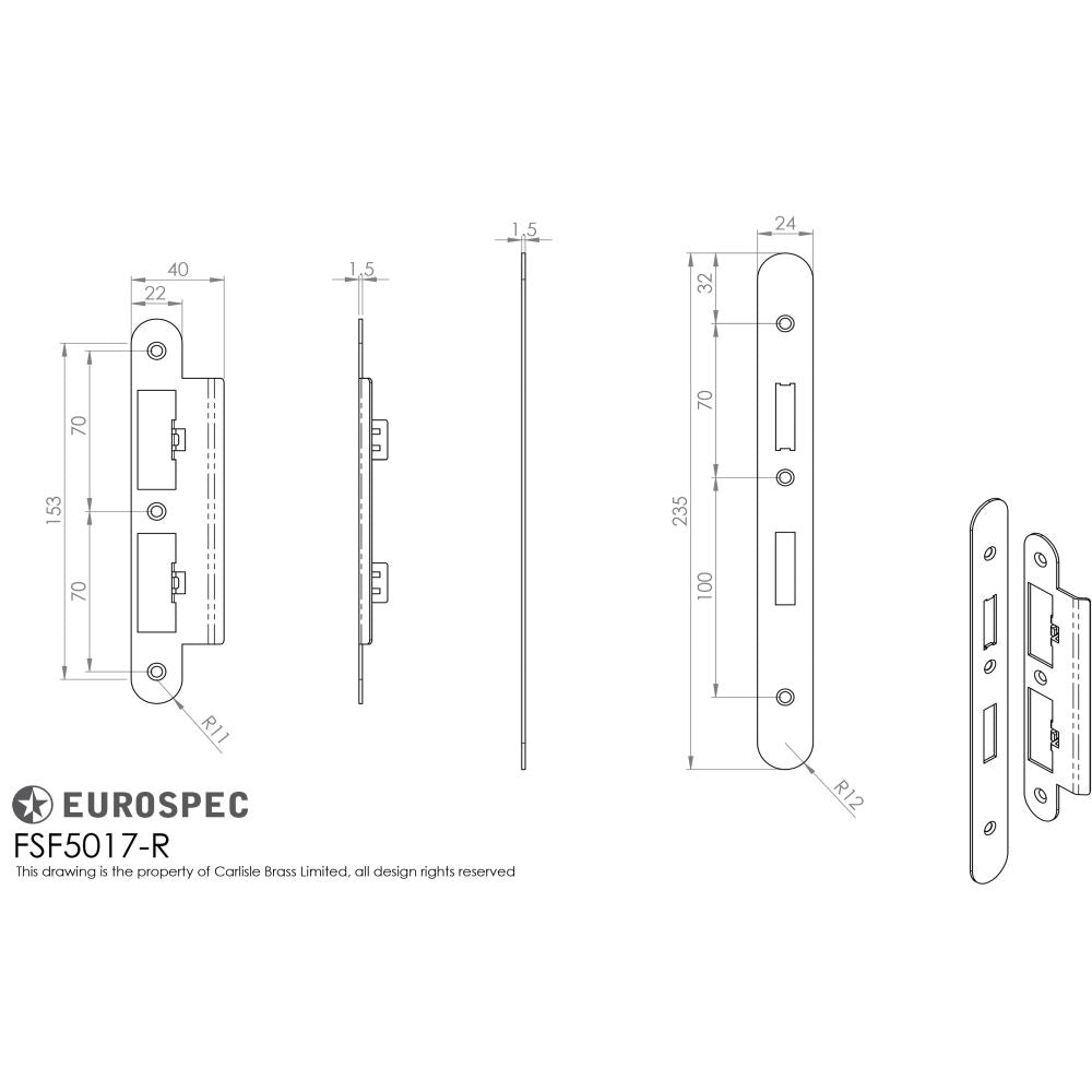 This image is a line drwaing of a Eurospec - Forend Strike & Fixing Pack To Suit Din Euro Sash/Bathroom Lock-Brigh available to order from T.H Wiggans Architectural Ironmongery in Kendal