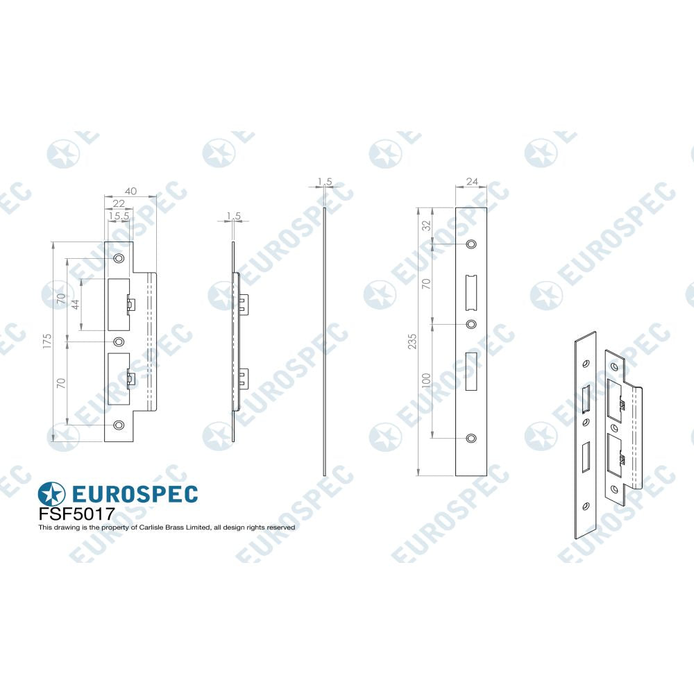This image is a line drwaing of a Eurospec - Forend Strike & Fixing Pack To Suit Din Euro Sash/Bathroom Lock-Satin available to order from T.H Wiggans Architectural Ironmongery in Kendal