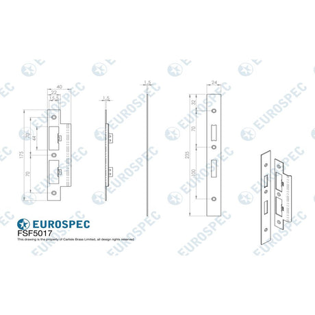 This image is a line drwaing of a Eurospec - Forend Strike & Fixing Pack To Suit Din Euro Sash/Bathroom Lock-Satin available to order from T.H Wiggans Architectural Ironmongery in Kendal
