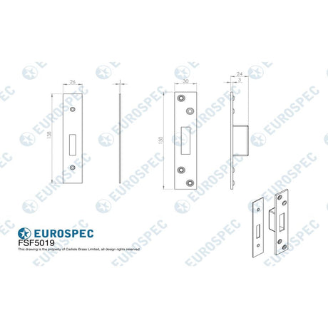 This image is a line drwaing of a Eurospec - Easi T Forend Strike & Fixing Pack To Suit Euro Profile BS Cylinder D available to order from T.H Wiggans Architectural Ironmongery in Kendal