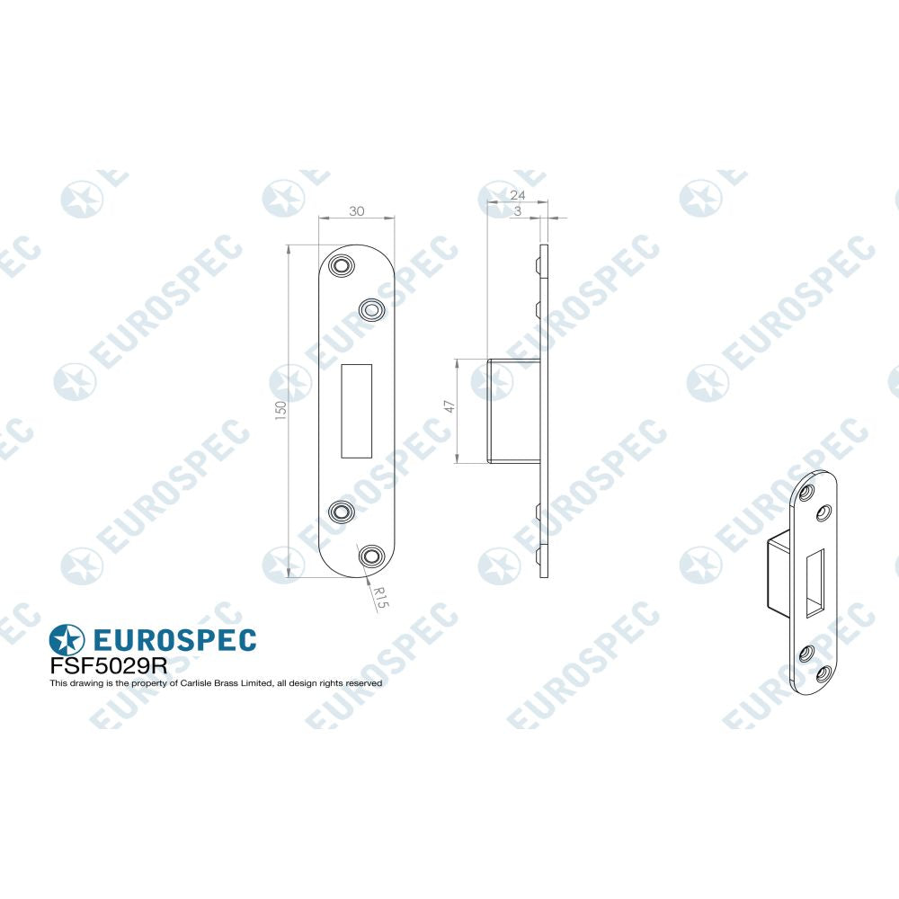 This image is a line drwaing of a Eurospec - Forend Strike & Fixing Pack To Suit BS8621 Cylinder Deadlock-Satin St available to order from T.H Wiggans Architectural Ironmongery in Kendal
