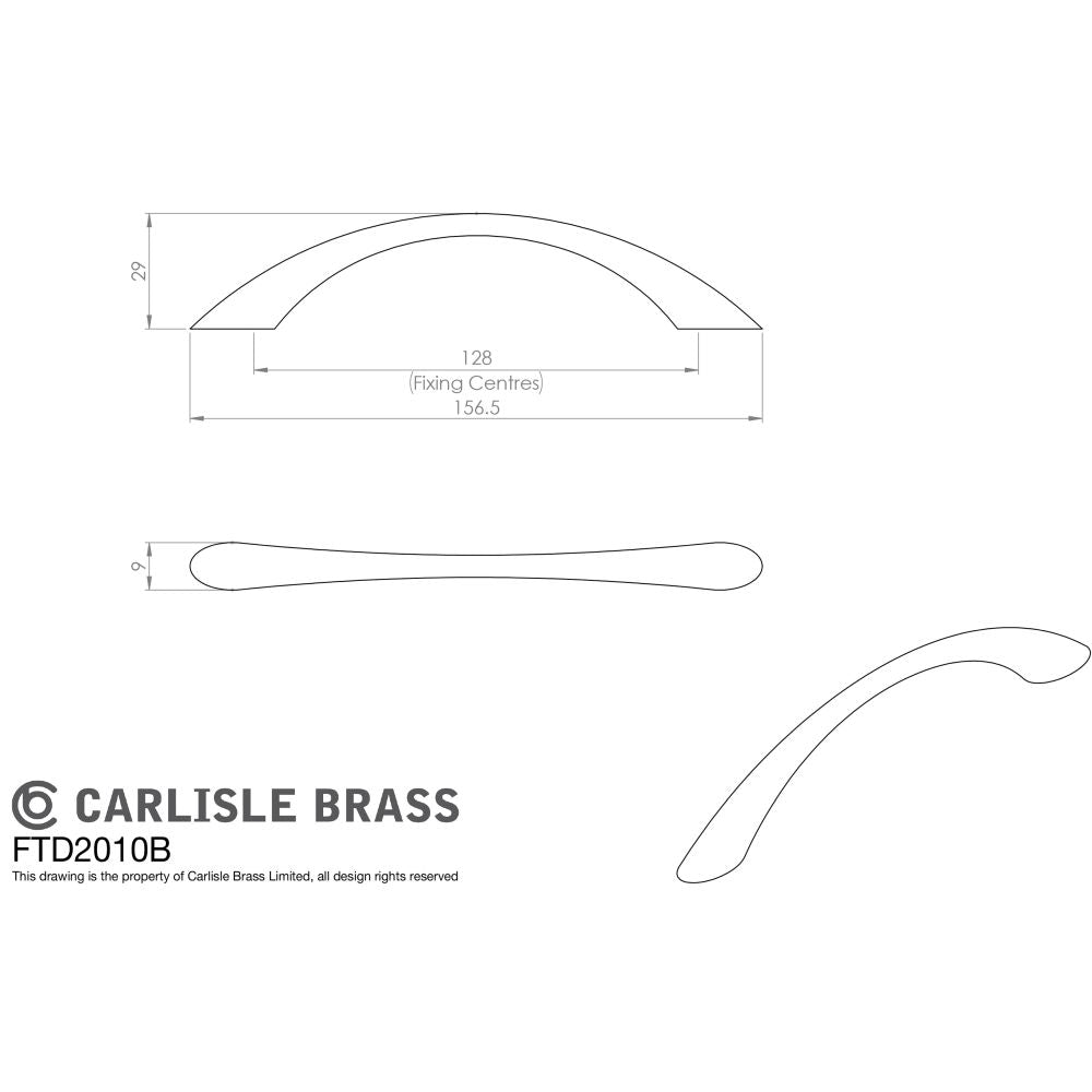 This image is a line drwaing of a FTD - Waisted Bow Handle 128mm - Satin Nickel available to order from Trade Door Handles in Kendal