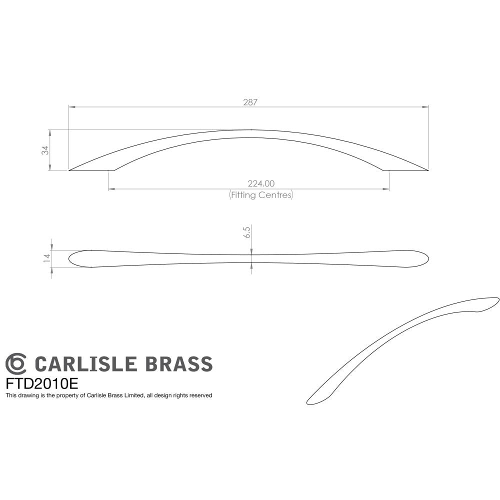 This image is a line drwaing of a FTD - Waisted Bow Handle 224mm - Satin Nickel available to order from Trade Door Handles in Kendal