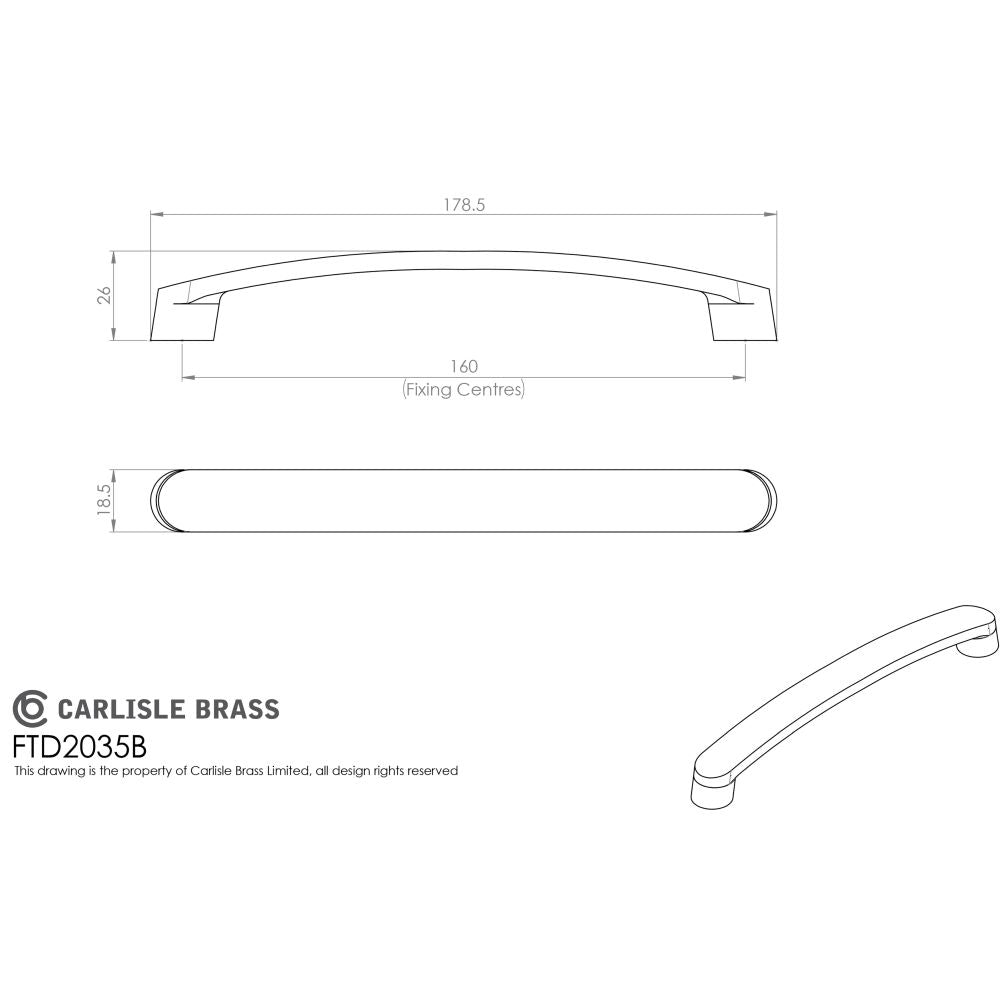This image is a line drwaing of a FTD - Radius End Flat Bow Handle 160mm - Satin Nickel available to order from Trade Door Handles in Kendal