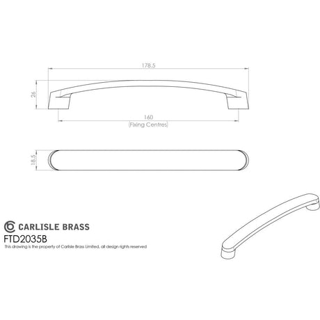 This image is a line drwaing of a FTD - Radius End Flat Bow Handle 160mm - Satin Nickel available to order from Trade Door Handles in Kendal