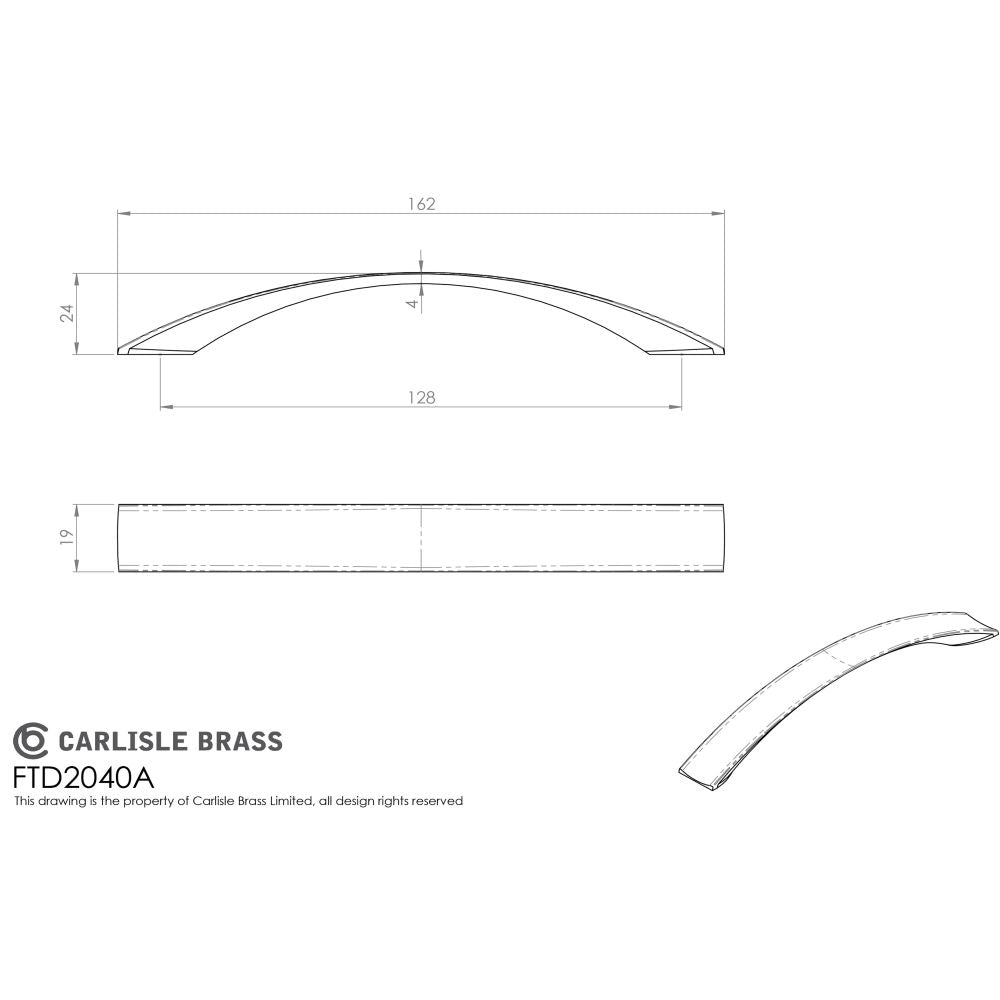 This image is a line drwaing of a FTD - Concave Bow Handle 128mm - Polished Chrome available to order from Trade Door Handles in Kendal