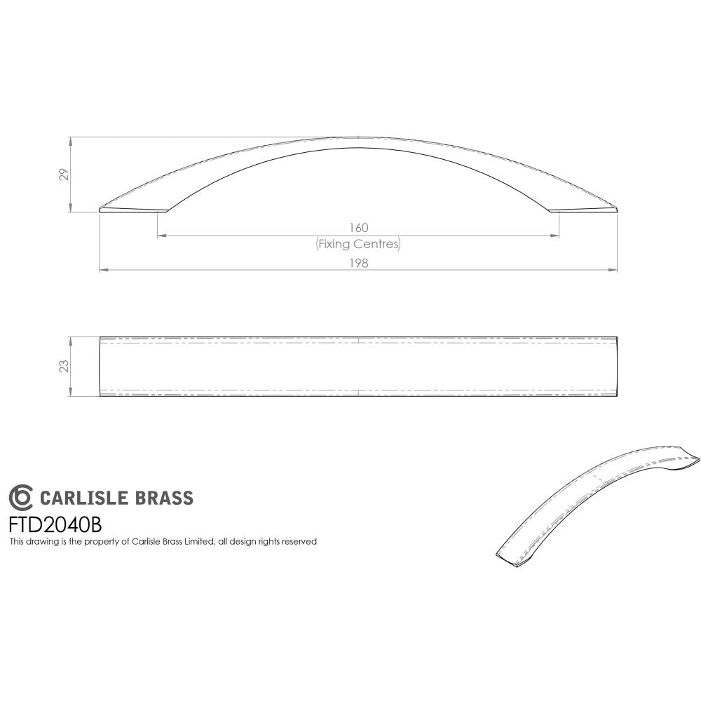 This image is a line drwaing of a FTD - Concave Bow Handle 160mm - Satin Nickel available to order from Trade Door Handles in Kendal