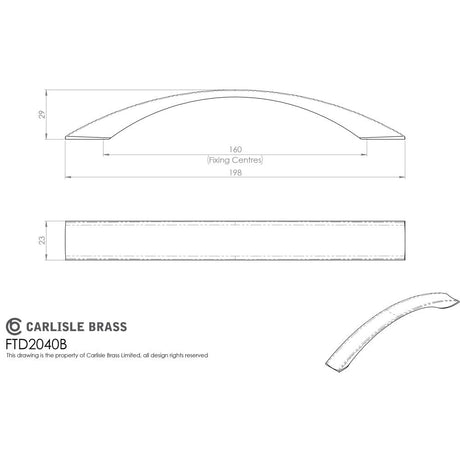 This image is a line drwaing of a FTD - Concave Bow Handle 160mm - Satin Nickel available to order from Trade Door Handles in Kendal