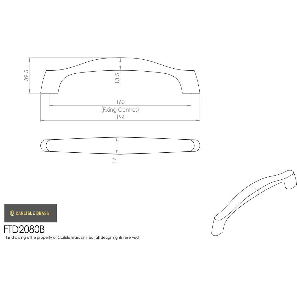 This image is a line drwaing of a FTD - Chunky Arched Grip Handle 160mm - Satin Nickel available to order from Trade Door Handles in Kendal