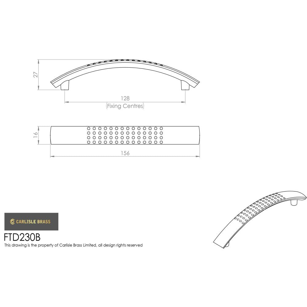 This image is a line drwaing of a FTD - Dimple Handle 128mm - Satin Nickel available to order from Trade Door Handles in Kendal