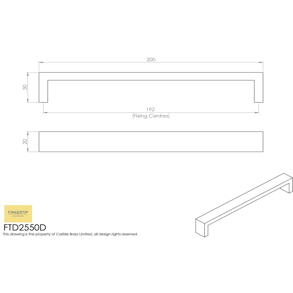 This image is a line drwaing of a FTD - Rectangular Section D-Handle 192mm - Stainless Steel available to order from Trade Door Handles in Kendal