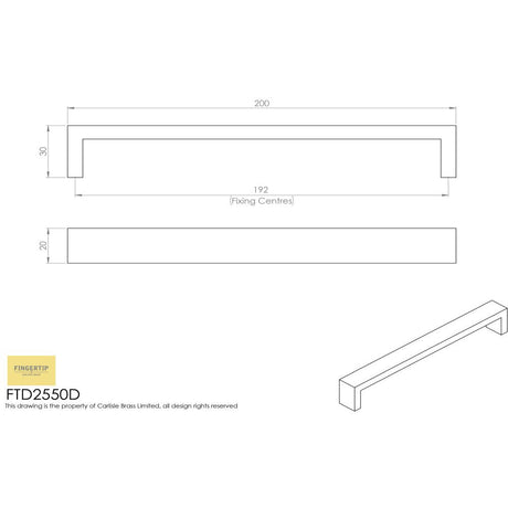 This image is a line drwaing of a FTD - Rectangular Section D-Handle 192mm - Stainless Steel available to order from Trade Door Handles in Kendal