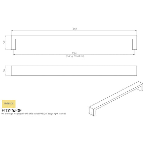 This image is a line drwaing of a FTD - Rectangular Section D-Handle 224mm - Stainless Steel available to order from Trade Door Handles in Kendal