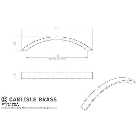 This image is a line drwaing of a FTD - Curved Convex Grip Handle - Satin Nickel available to order from Trade Door Handles in Kendal