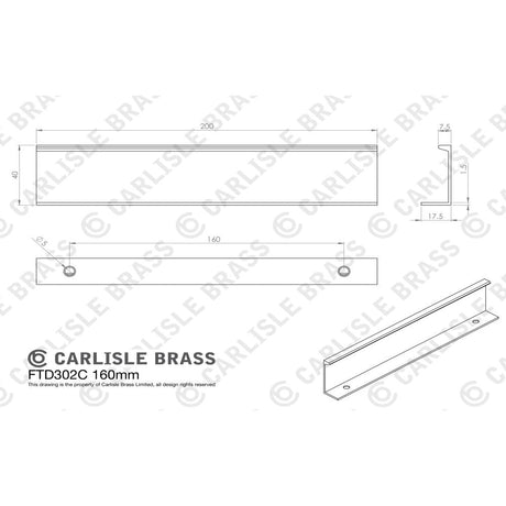 This image is a line drwaing of a Carlisle Brass - Squared Edge Pull 200mm - Satin Nickel available to order from Trade Door Handles in Kendal