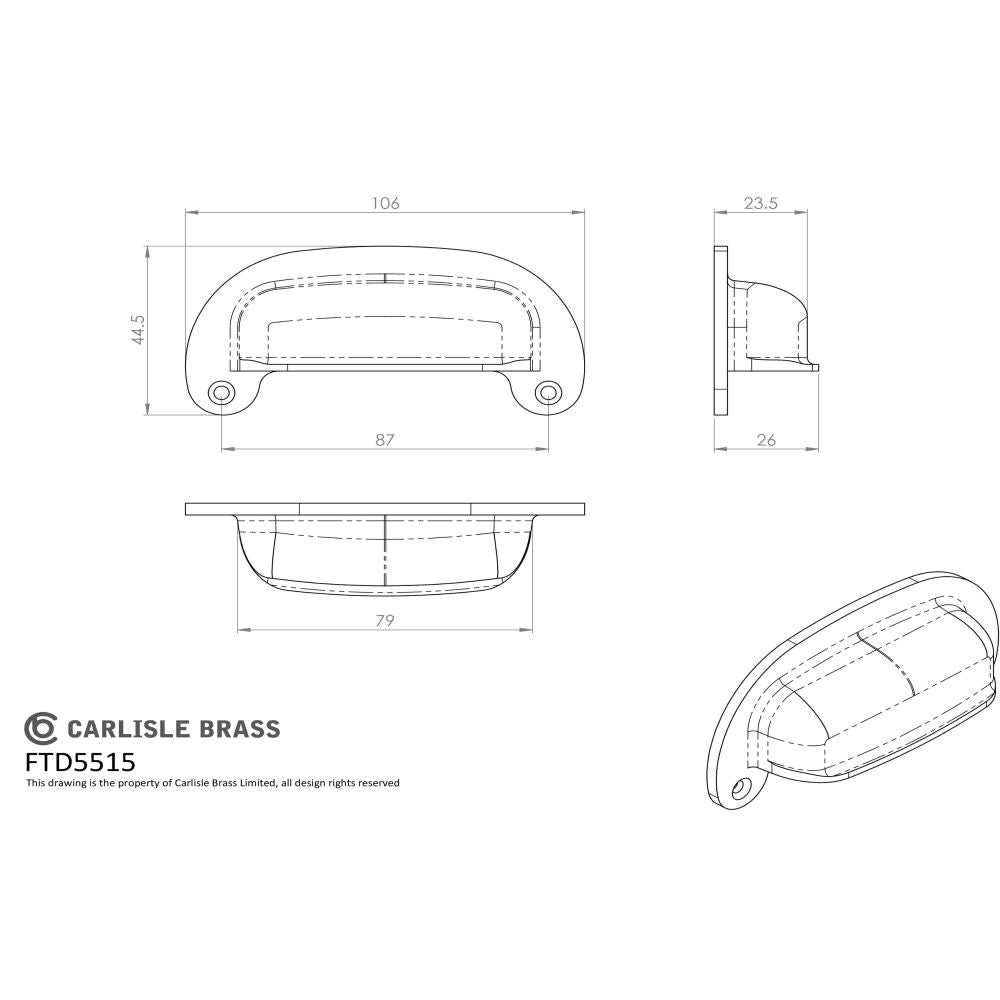 This image is a line drwaing of a FTD - Oval Plate Cup Handle 86mm - Pewter Effect available to order from Trade Door Handles in Kendal