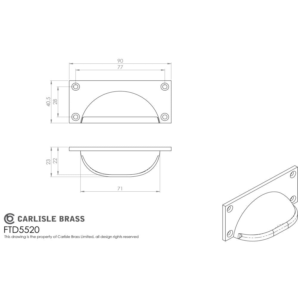 This image is a line drwaing of a FTD - Square Plate Cup Handle - Pewter Effect available to order from Trade Door Handles in Kendal