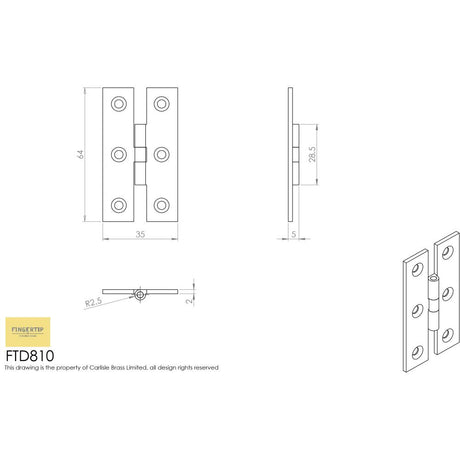 This image is a line drwaing of a FTD - H Pattern Hinge 64 x 35mm - Antique Brass available to order from T.H Wiggans Architectural Ironmongery in Kendal