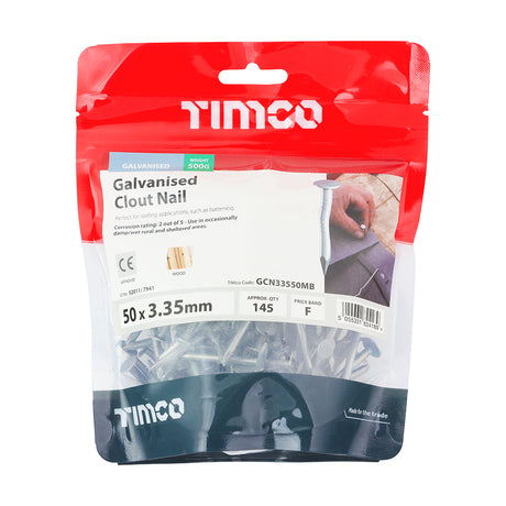 This is an image showing TIMCO Clout Nails - Galvanised - 50 x 3.35 - 0.5 Kilograms TIMbag available from T.H Wiggans Ironmongery in Kendal, quick delivery at discounted prices.