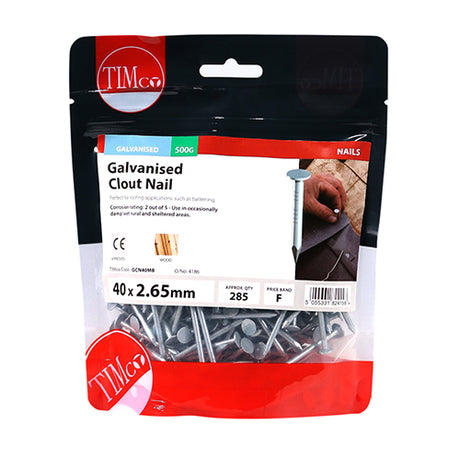 This is an image showing TIMCO Clout Nails - Galvanised - 40 x 2.65 - 0.5 Kilograms TIMbag available from T.H Wiggans Ironmongery in Kendal, quick delivery at discounted prices.