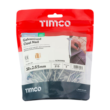 This is an image showing TIMCO Clout Nails - Galvanised - 50 x 2.65 - 0.5 Kilograms TIMbag available from T.H Wiggans Ironmongery in Kendal, quick delivery at discounted prices.