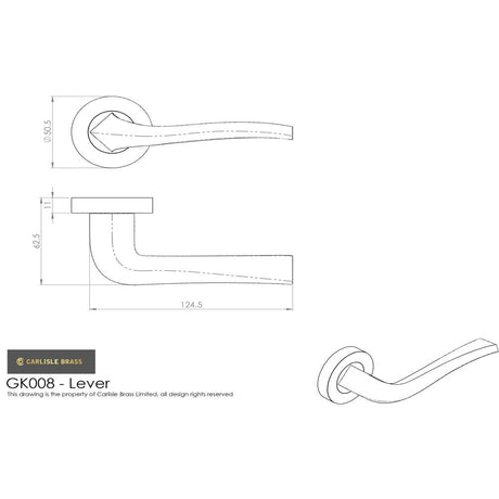 This image is a line drwaing of a Carlisle Brass - Sines Lever on Rose Latch Pack - Satin Nickel / Polished Chrome available to order from Trade Door Handles in Kendal