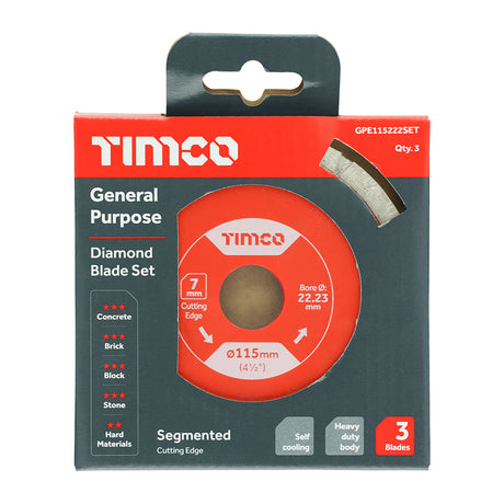 This is an image showing TIMCO General Purpose Diamond Blade - Segmented  - 115 x 22.2 - 3 Pieces Box available from T.H Wiggans Ironmongery in Kendal, quick delivery at discounted prices.